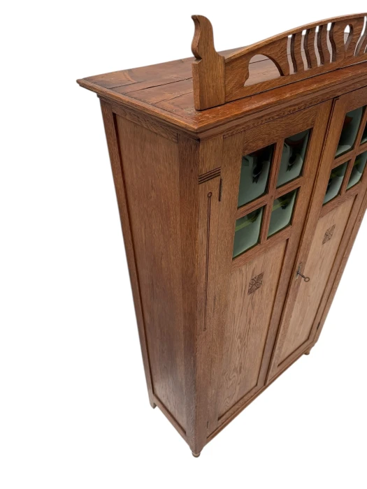 Arts & Crafts Art Nouveau Bookcase with Original Green Glass, 1900s